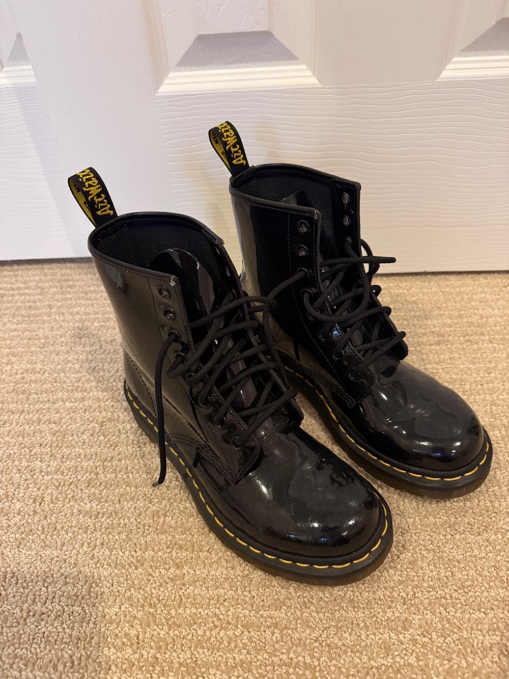Dr. Martens Black Patent Lace-Up Boots with Yellow Stitching - Picture 2 of 6